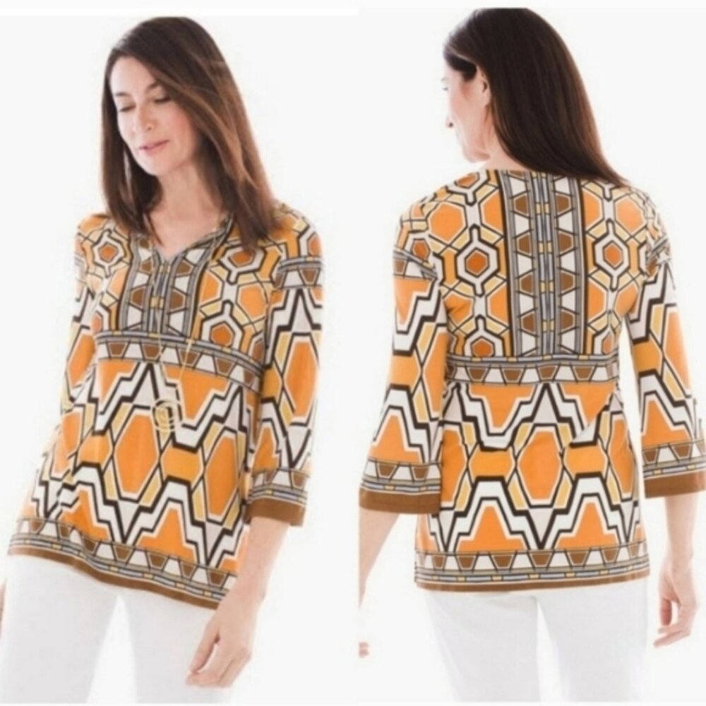 Chico’s Longline  Ikat  3/4 Sleeve V neck Tunic Stretch Top  Blouse Size Small